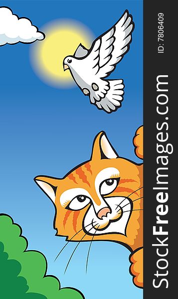 Cat hunting dove, funny greeting card in cartoon style, vector illustration. Cat hunting dove, funny greeting card in cartoon style, vector illustration