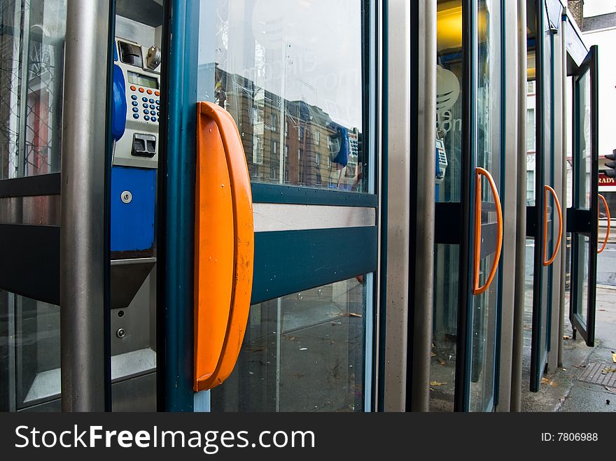 Empty public phone booths in Dublin