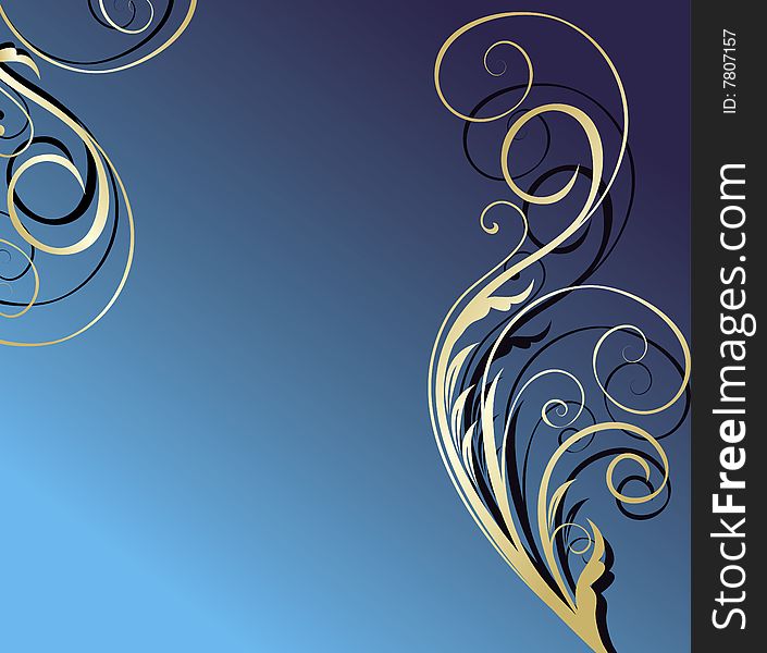 Gold and blue floral background. vector illustration.