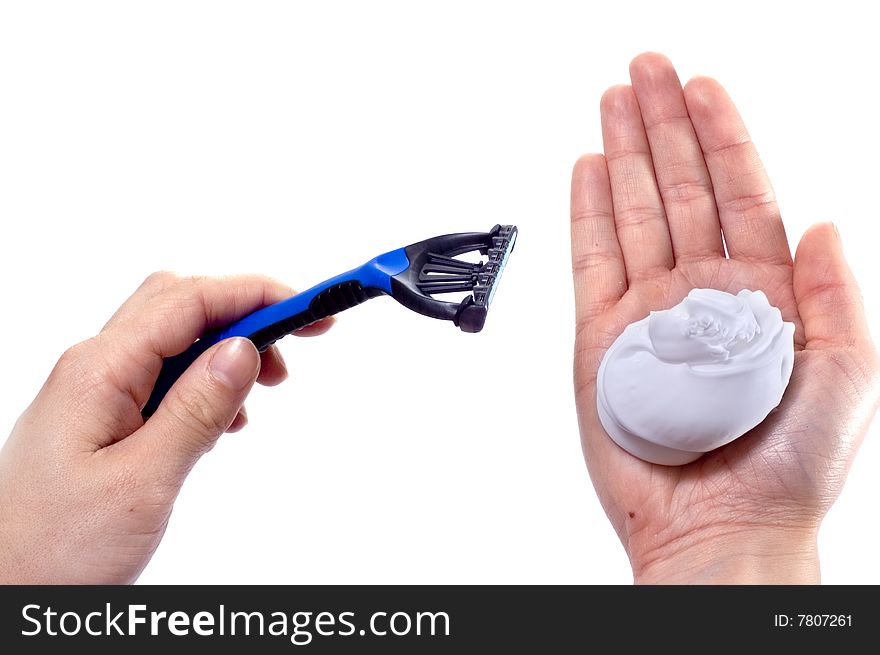 Blue shaver in hand on white background. Blue shaver in hand on white background