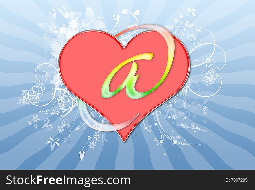 Heart with a symbol of email on blue a background