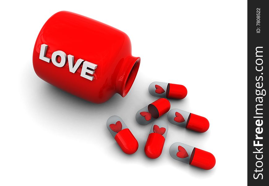 3d illustration of love pills and bottle. 3d illustration of love pills and bottle