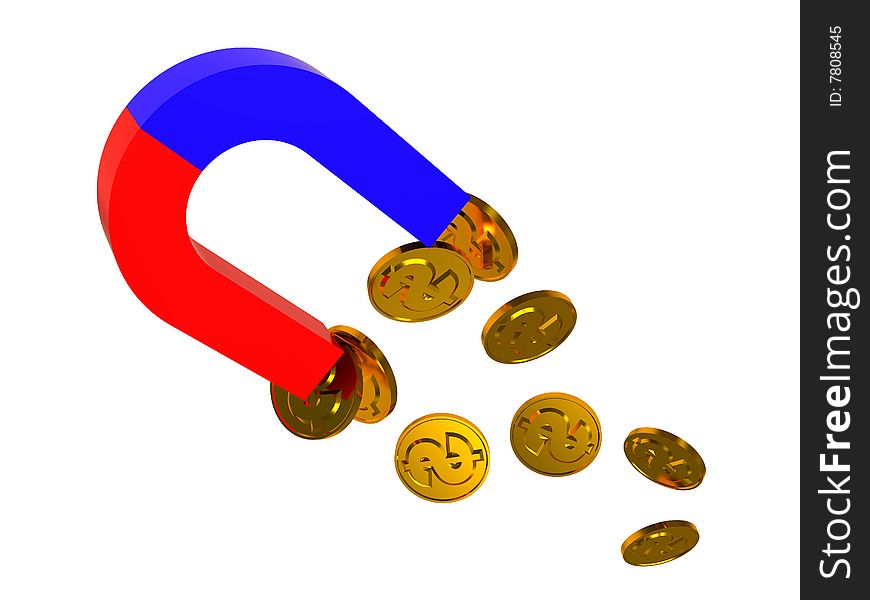 3d illustration of magnet and coins on it. 3d illustration of magnet and coins on it