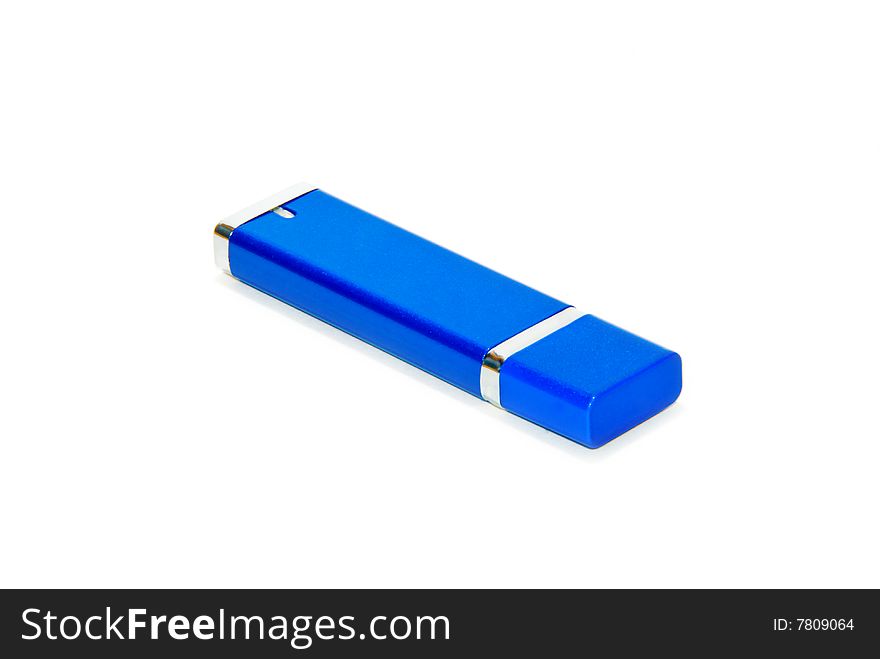 A blue USB portable thumb storage drive with silver metallic trim isolated on a white background. A blue USB portable thumb storage drive with silver metallic trim isolated on a white background.