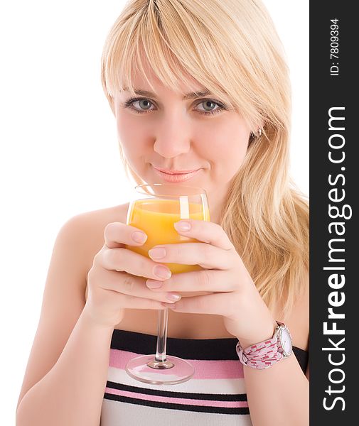 Attractive girl drinking fresh orange juice and smile