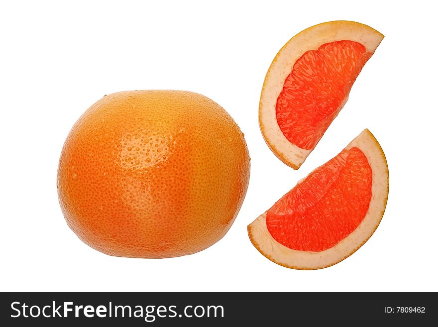 Shot of sliced fresh grapefruit on white background