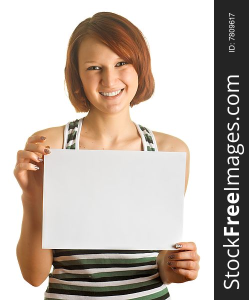 Young girl with the sheet of white paper. Young girl with the sheet of white paper