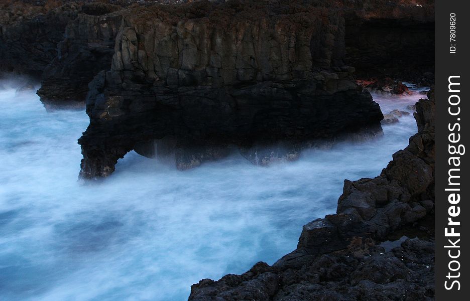 A night view of Atlantic ocean waves and rocky shore of la Palma, Canary Island. A night view of Atlantic ocean waves and rocky shore of la Palma, Canary Island