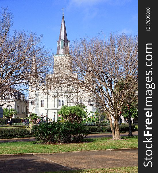 St. Louis Cathedral in Jackson Square, New Orleans, Louisiana, seen through the trees