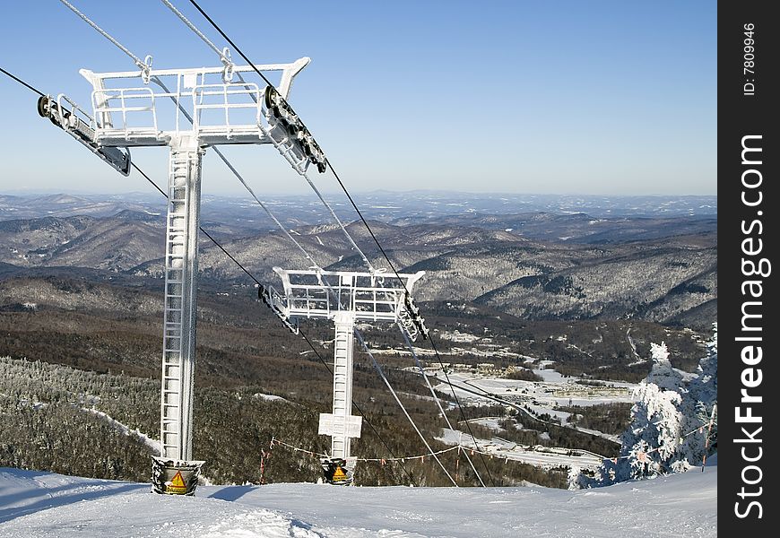 View of a line for Gondolas in ski resort in Vermont, USA.