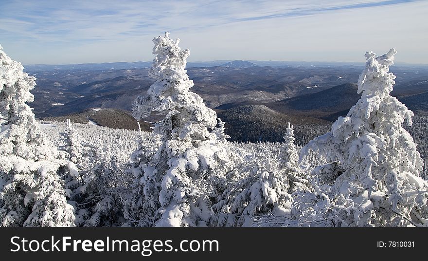 Panoramic view of mountains during the winter in Vermont