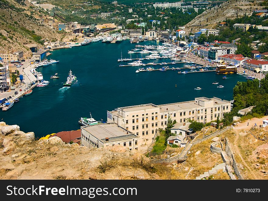 Panorama of Balaklava bay with lot of yachts