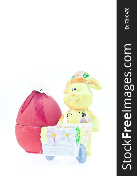 Colorful and diverse Easter decoration with eggs and figurine