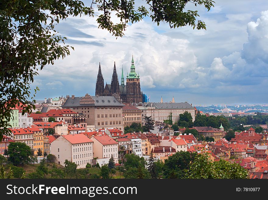 View of the center of old part Prague. Saint Vit cathedral.