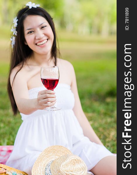 Beautiful Asian Girl Picnic In The Park