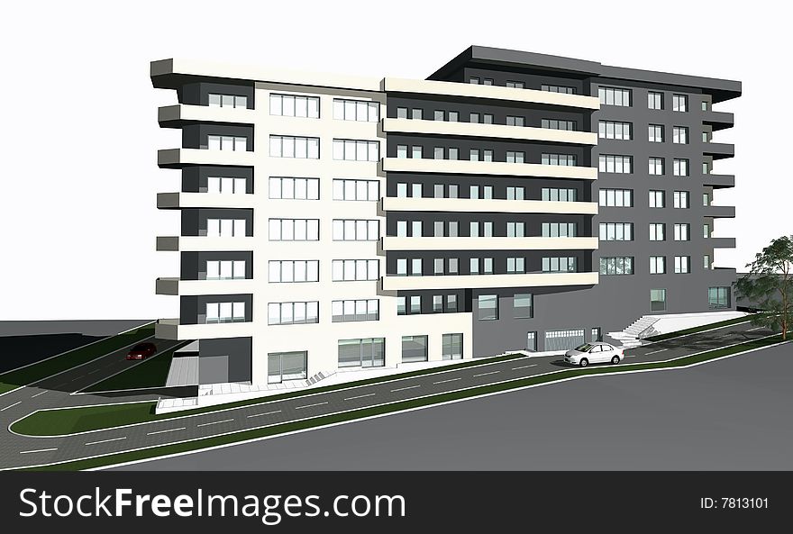 3D render of modern residential building against white background