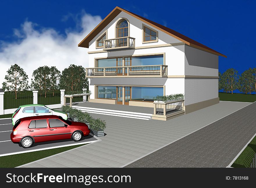 3D render of modern house with parking space in front