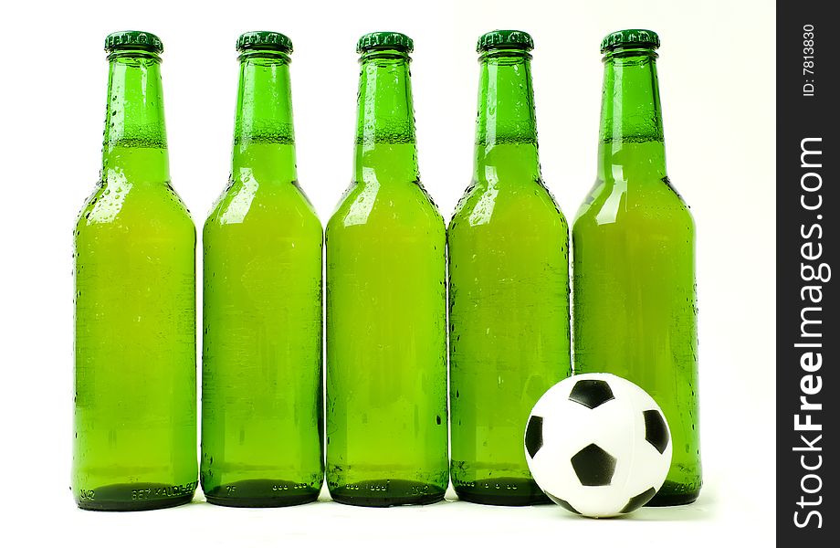 Bottles of fresh, cold beer with soccer ball. Bottles of fresh, cold beer with soccer ball