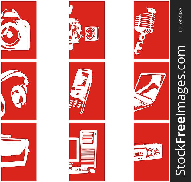 Set of 9 icons showing electronic devices on a red background. Set of 9 icons showing electronic devices on a red background