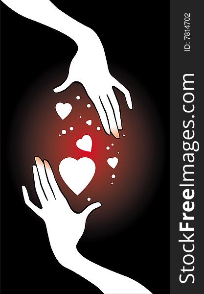 Hands and white hearts on a black background