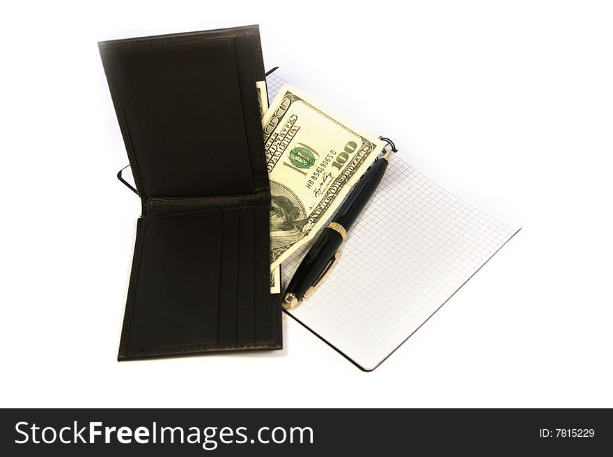 Notepad with pen and purse with money