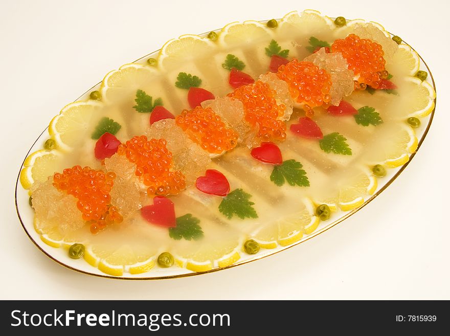 Fish jellied with red caviar.