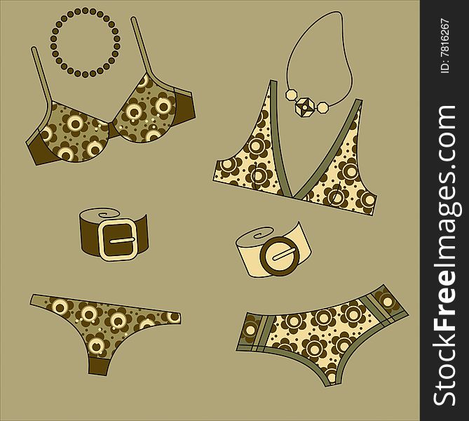 Set of vector fashion swimwear and accessories. Set of vector fashion swimwear and accessories