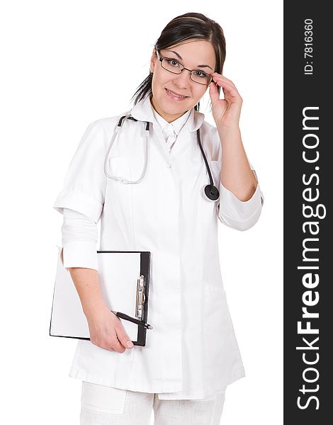 Attractive female doctor isolated over white background