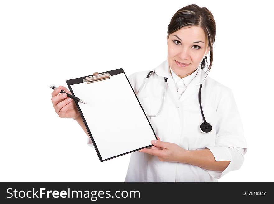 Attractive female doctor isolated over white background