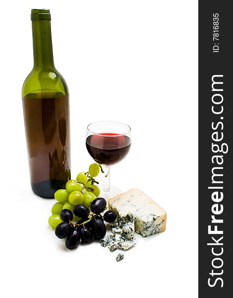 Wine Bottle With Cheese And Grapes