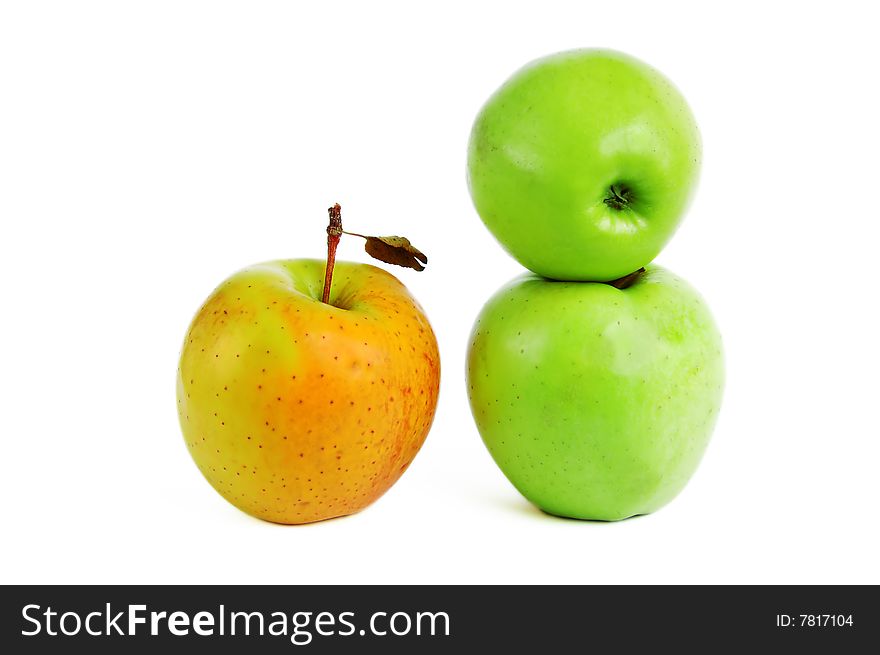 Column green apples and red one isolated on white