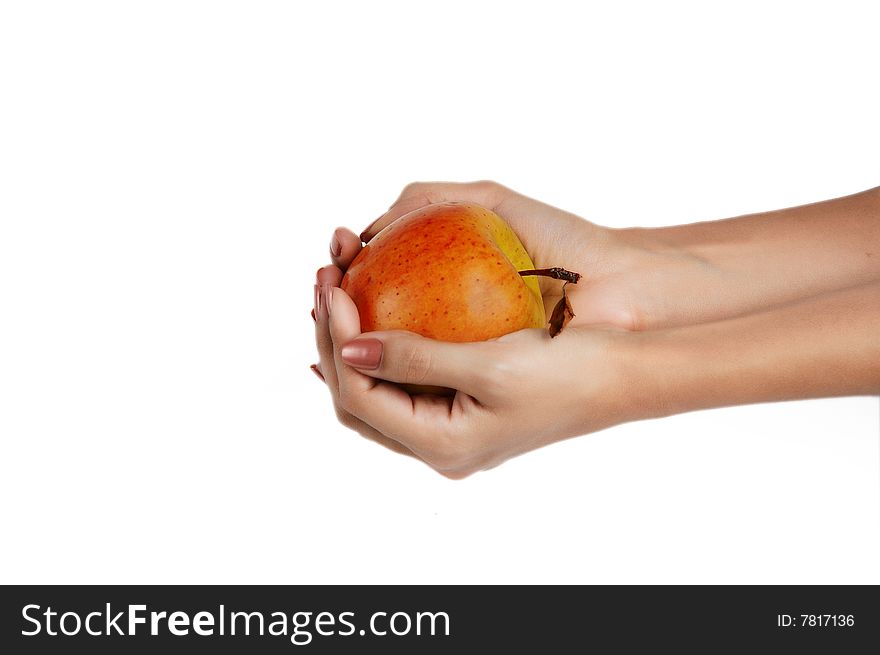 Isolated fruit fresh apple in hands. Isolated fruit fresh apple in hands