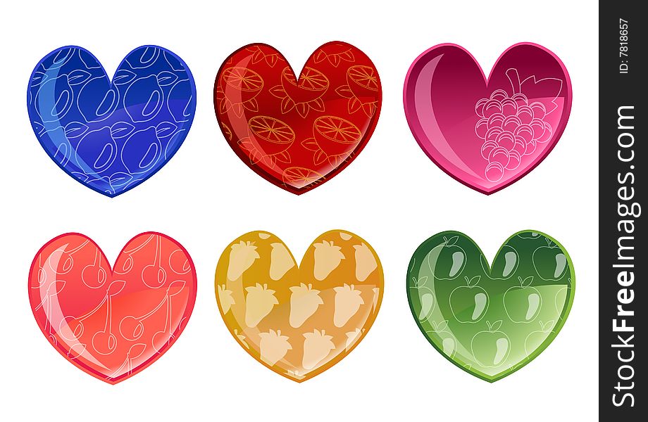 Vector illustration of beautifull hearts with fruit patterns icon set. Ideal for Valetine Cards decoration.