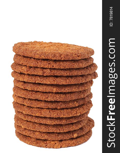 Big baked chocolate cookies stacked together isolated on white background. Big baked chocolate cookies stacked together isolated on white background