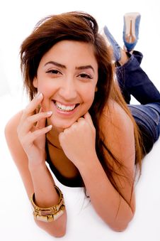 Front View Of Smiling Young Woman Holding Her Face Stock Image