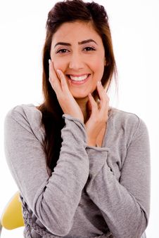 Portrait Of Smiling Young Woman Holding Her Face Royalty Free Stock Photos Portrait Of Smiling Young Woman Holding Her Face Royalty Free Stock Photos