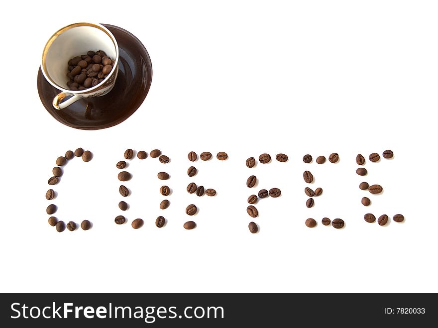 Photo of grains of coffee from which the word Coffee is laid out. Photo of grains of coffee from which the word Coffee is laid out.