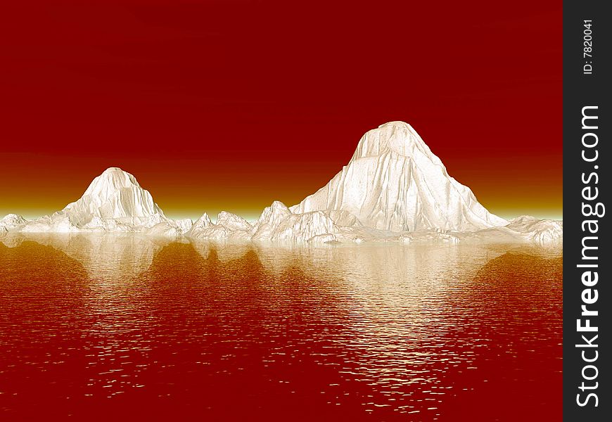 The big icebergs on  the open ocean - 3d landscape scene.
