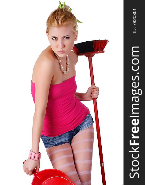 Beautiful glamour woman with dustpan and broom. Beautiful glamour woman with dustpan and broom
