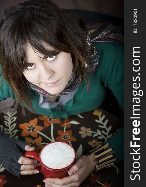 Pretty Young Girl with Coffee in a Mug. Pretty Young Girl with Coffee in a Mug