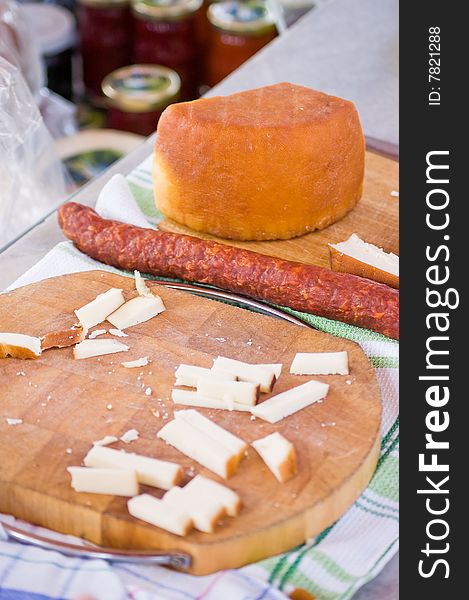 Traditional croatian sausage and goat milk cheese. Traditional croatian sausage and goat milk cheese
