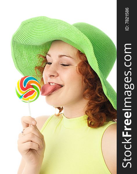 Happy Woman Eating A Candy