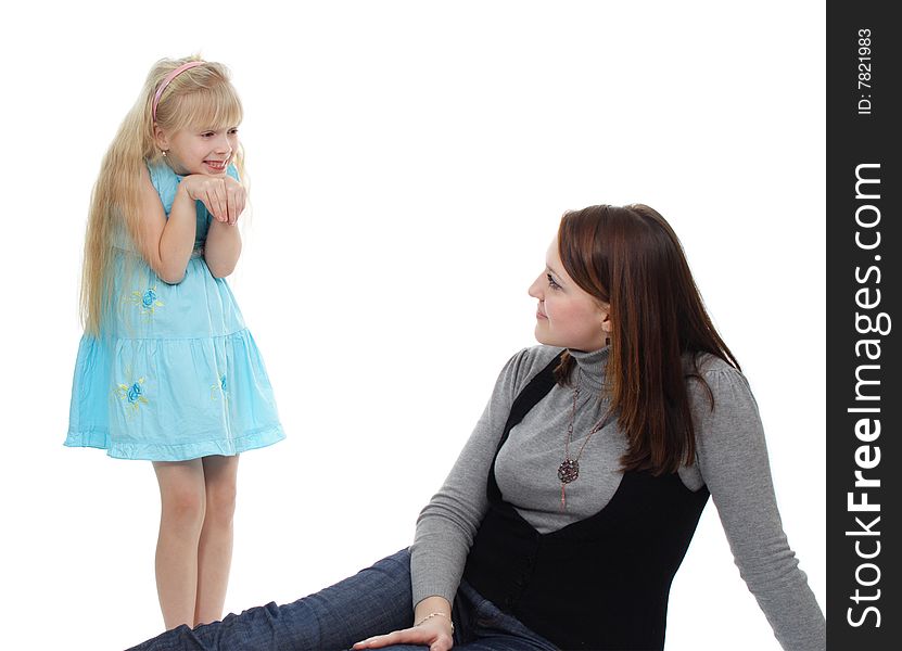 The young woman and  girl are isolated on a white background