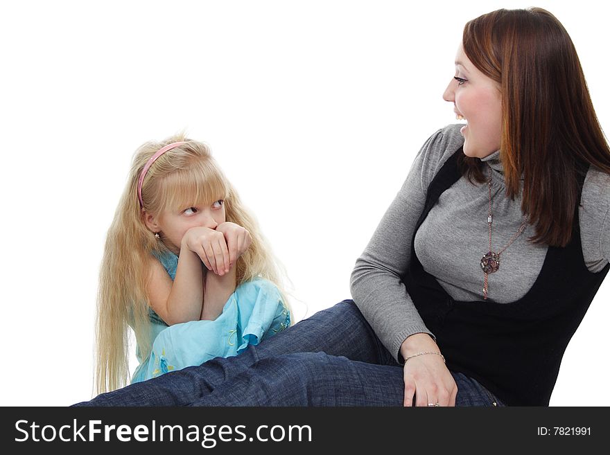 The young woman and  girl are isolated on a white background