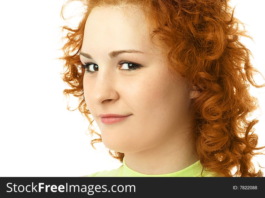 Charming young woman with beautiful curly ginger hair against white background. Charming young woman with beautiful curly ginger hair against white background