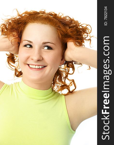 Cheerful young attractive woman with beautiful curly ginger hair. Cheerful young attractive woman with beautiful curly ginger hair