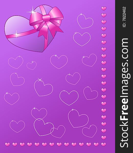Pink and violet Valentine background with a wrapped big heart and sparkling hearts. Pink and violet Valentine background with a wrapped big heart and sparkling hearts