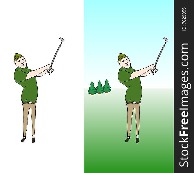 A golfer over a pure white background and one with trees and green.