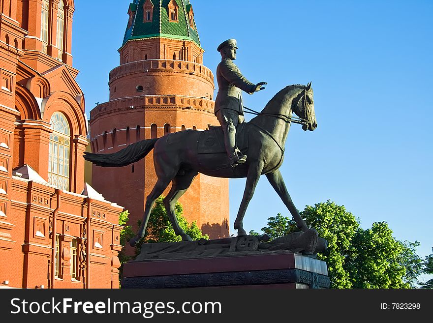 Statue of marshal Zhukov with History and Kremlin tower, Moscow, Russia. Statue of marshal Zhukov with History and Kremlin tower, Moscow, Russia