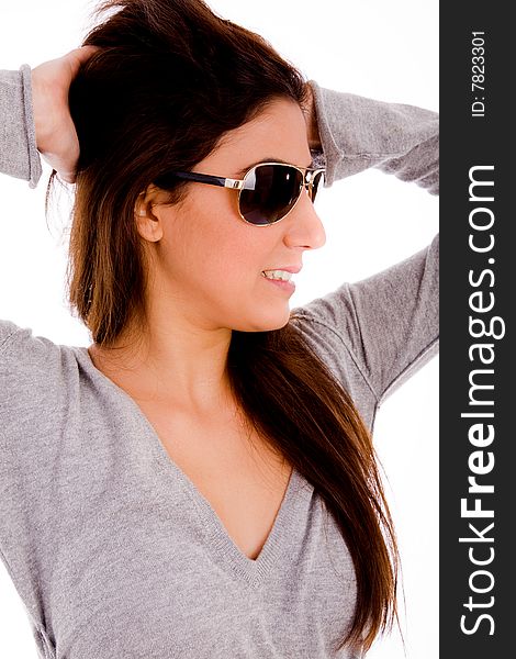 Smiling Female With Sunglasses Holding Her Hair